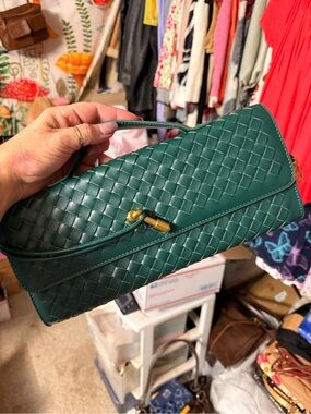 Woven Leather Clutch in Emerald Green with Gold Accent